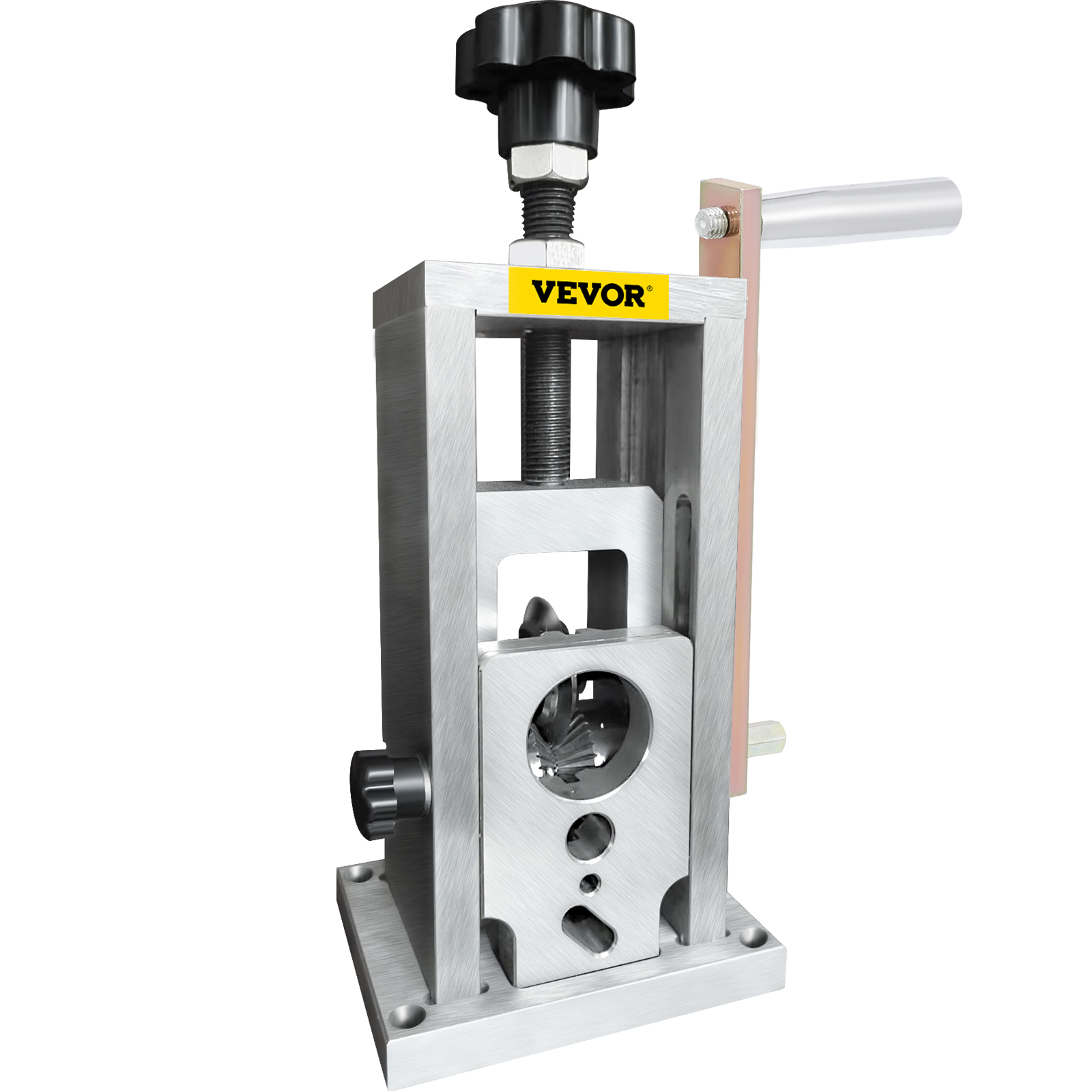 VEVOR wire stripping machine with adjustable knob and sturdy metal frame for efficient wire stripping.