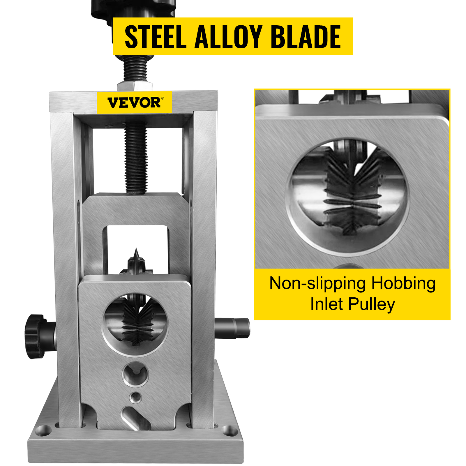 VEVOR wire stripping machine with steel alloy blade and non-slipping hobbing inlet pulley.