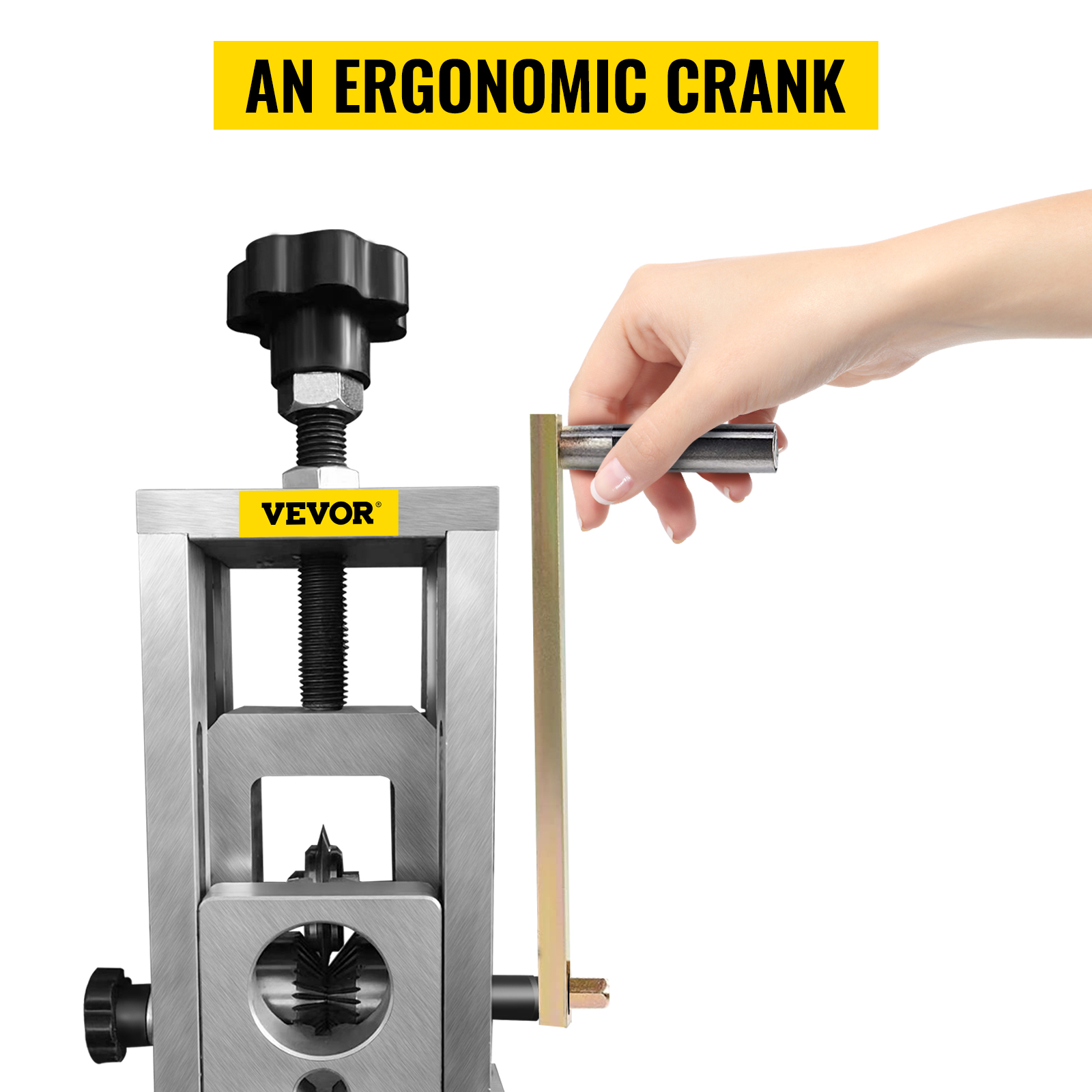 hand operating the ergonomic crank of the VEVOR wire stripping machine.