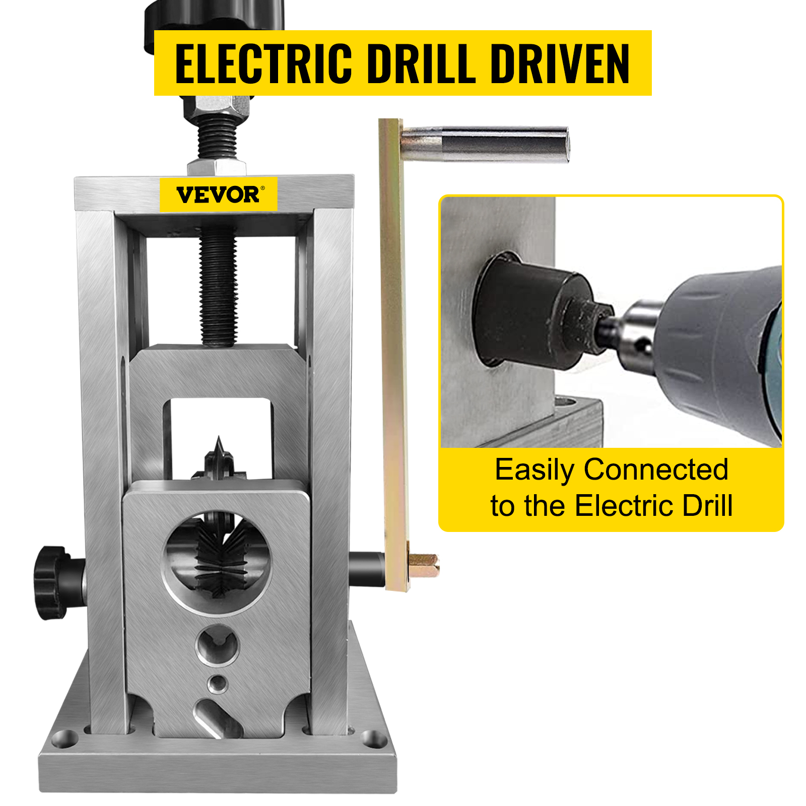 VEVOR wire stripping machine connected to a drill, showcasing electric drill driven mechanism.