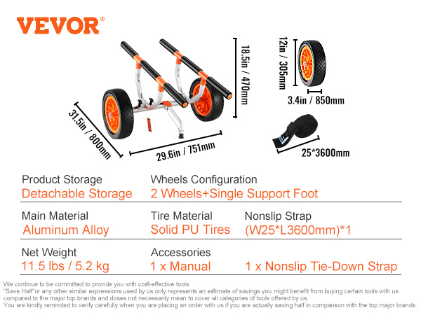 VEVOR kayak cart with 12in solid pu tires and nonslip tie-down strap, aluminum alloy frame, detachable storage.