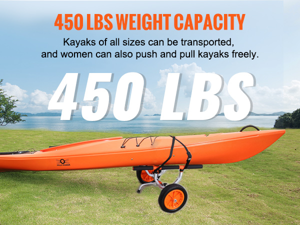 VEVOR kayak cart with 450 lbs weight capacity, carrying an orange kayak on grass near a lake.