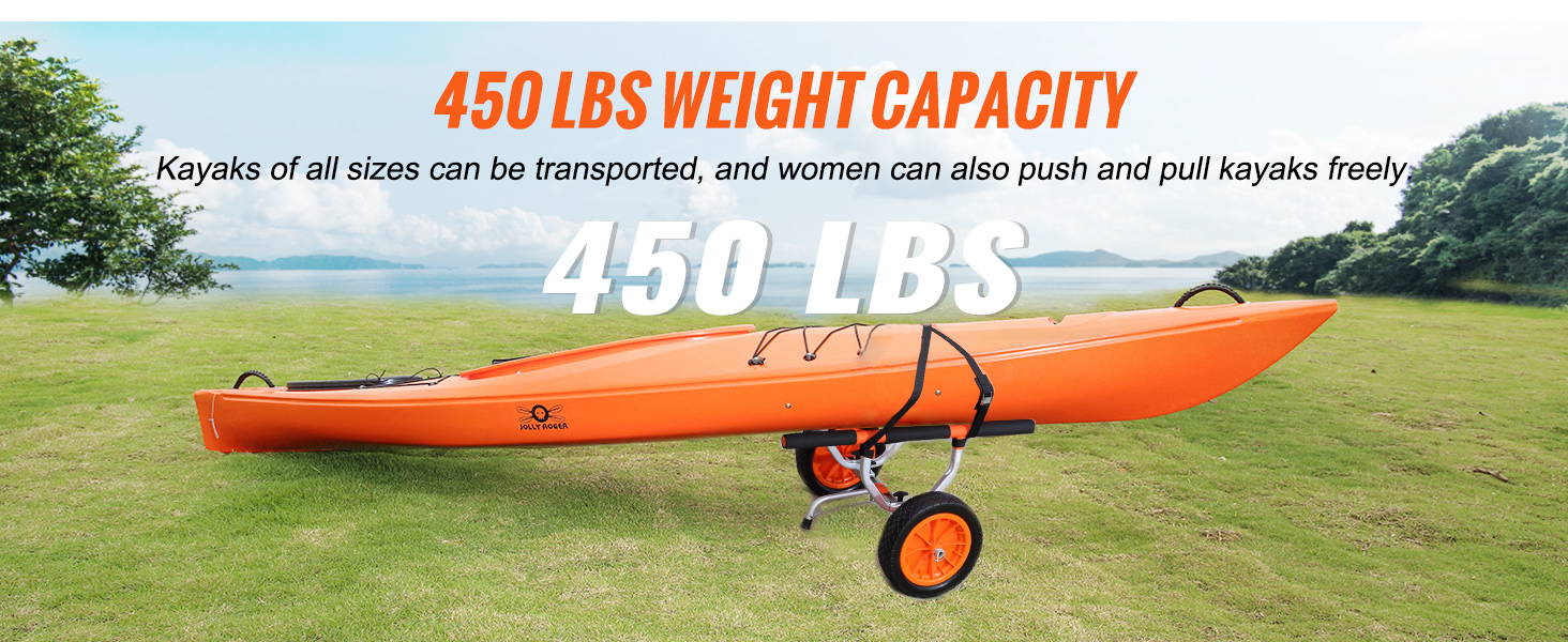 VEVOR kayak cart with 450 lbs weight capacity, carrying an orange kayak on grass near a lake.