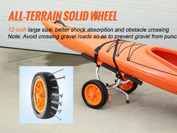 VEVOR kayak cart with 12-inch all-terrain solid wheels securing an orange kayak on paved surface.