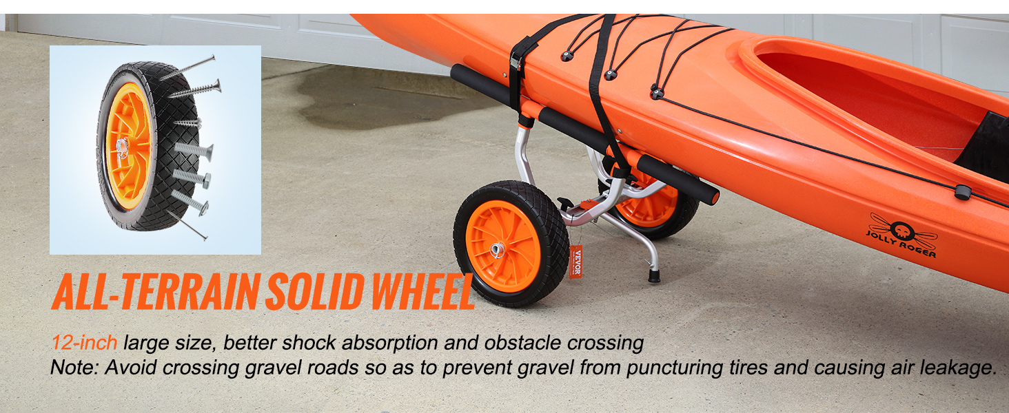VEVOR kayak cart with 12-inch all-terrain solid wheels securing an orange kayak on paved surface.