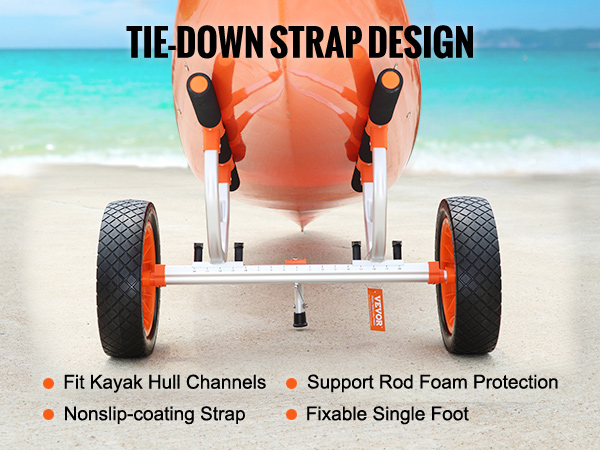 VEVOR kayak cart on a beach displaying tie-down strap design, nonslip strap, and foam protection features.