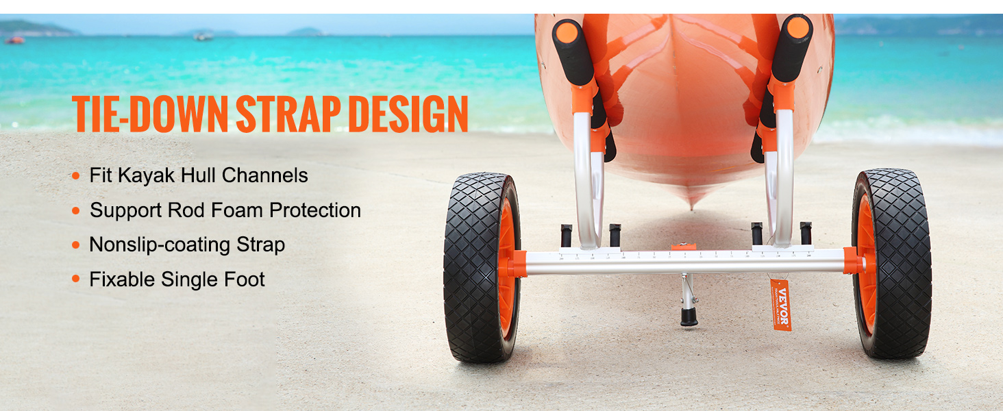VEVOR kayak cart on a beach displaying tie-down strap design, nonslip strap, and foam protection features.