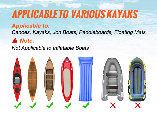 VEVOR kayak cart compatible with canoes, kayaks, jon boats, paddleboards, and floating mats.
