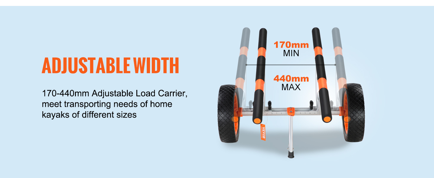 VEVOR kayak cart with adjustable load carrier for transporting kayaks between 170-440mm in width.