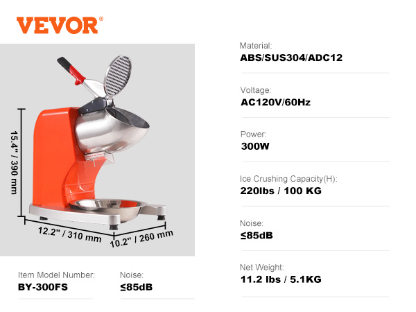 VEVOR ice crushers machine, 300w, ac120v, 100kg capacity, abs/sus304, 15.4"x12.2"x10.2".