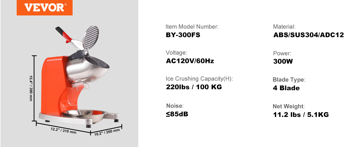 VEVOR ice crushers machine, 300w, ac120v, 100kg capacity, abs/sus304, 15.4"x12.2"x10.2".