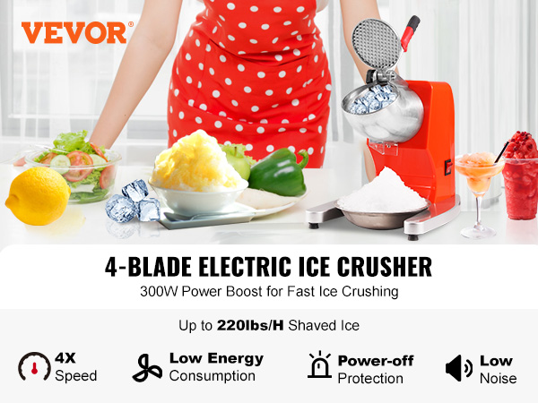 VEVOR ice crushers machine, 4-blade, 300w, 220lbs/h shaved ice, low energy, power-off protection.