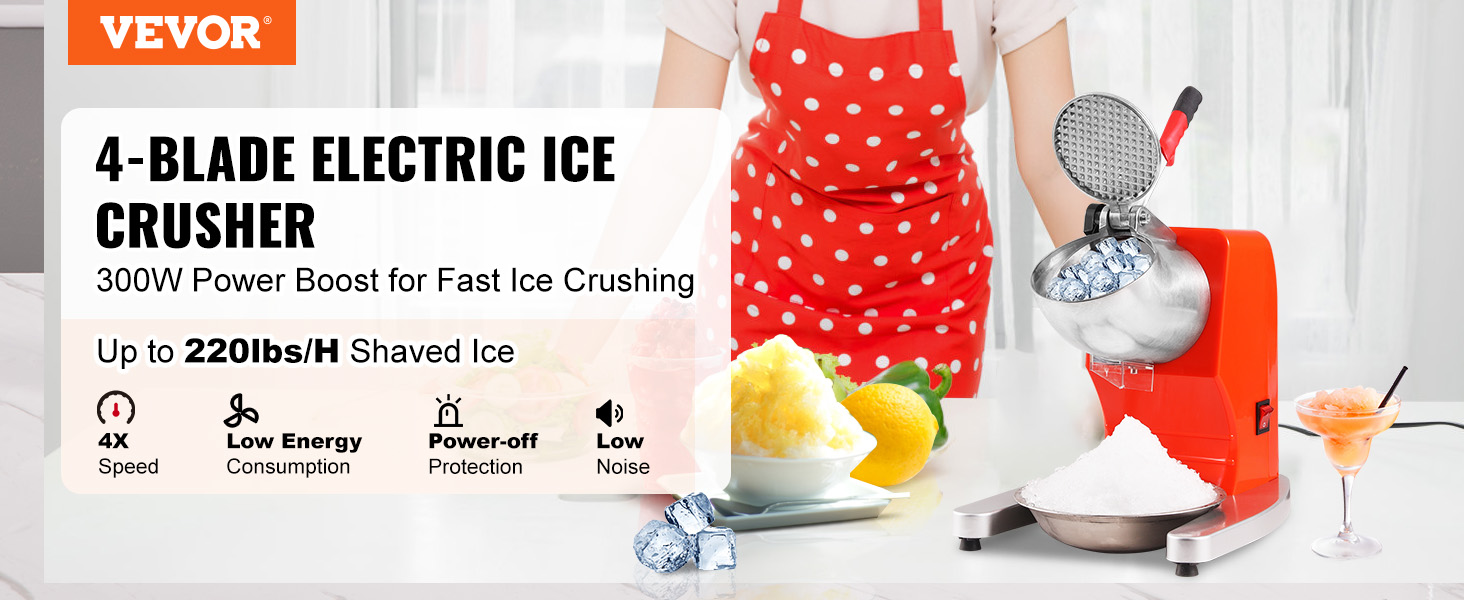 VEVOR ice crushers machine, 4-blade, 300w, 220lbs/h shaved ice, low energy, power-off protection.