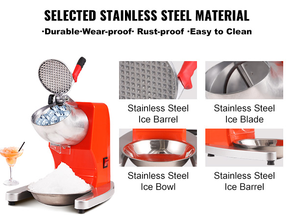 VEVOR ice crushers machine, stainless steel, durable, rust-proof, easy to clean, ice barrel and blade.