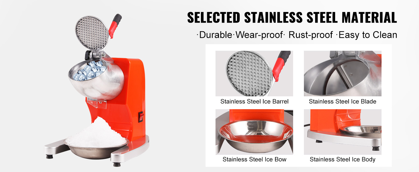 VEVOR ice crushers machine, stainless steel, durable, rust-proof, easy to clean, ice barrel and blade.