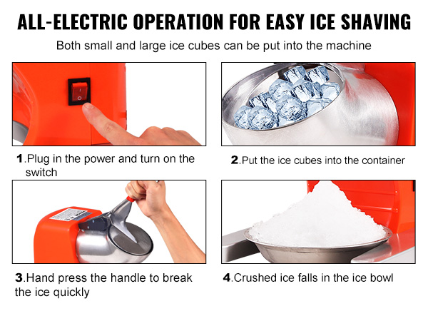 VEVOR ice crushers machine, easy ice shaving, switch on, add ice, press handle, crushed ice ready.