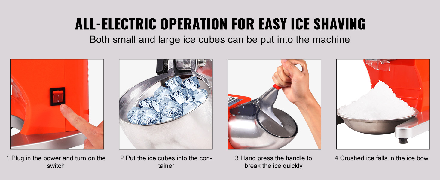 VEVOR ice crushers machine, easy ice shaving, switch on, add ice, press handle, crushed ice ready.
