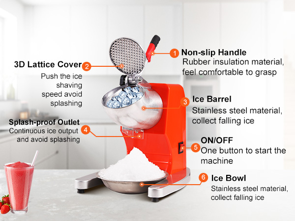 VEVOR ice crushers machine in modern kitchen with ice barrel, non-slip handle, and stainless steel ice bowl.