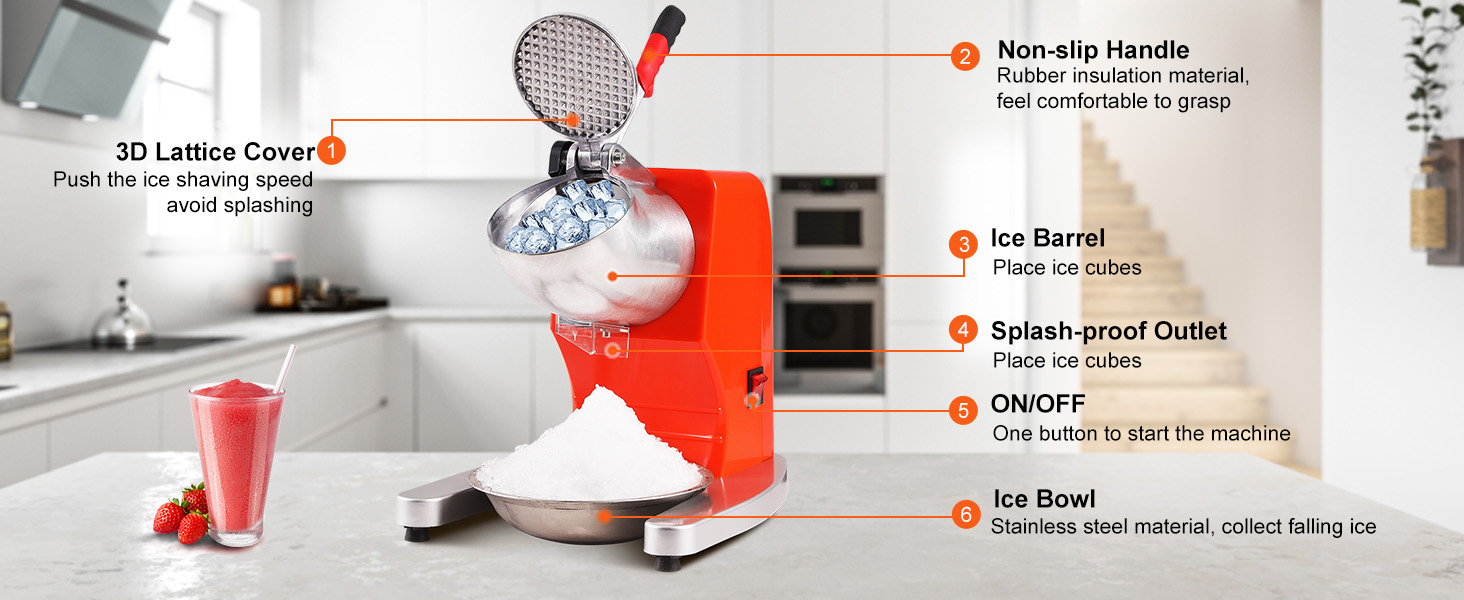 VEVOR ice crushers machine in modern kitchen with ice barrel, non-slip handle, and stainless steel ice bowl.