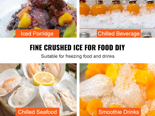fine crushed ice for food diy, smoothie drinks, iced porridge, chilled seafood, with VEVOR ice crushers machine.