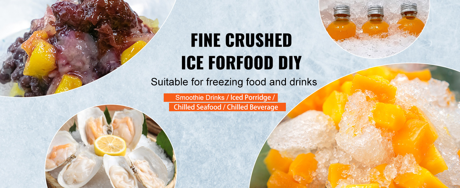 fine crushed ice for food diy, smoothie drinks, iced porridge, chilled seafood, with VEVOR ice crushers machine.