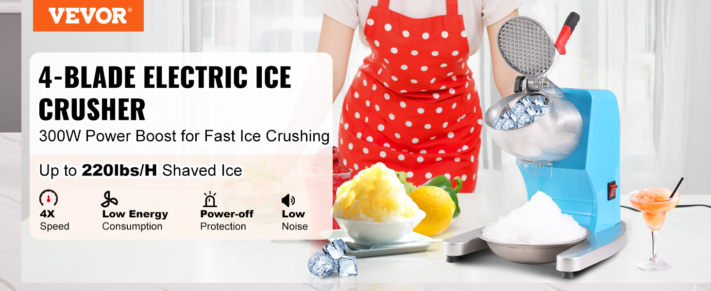 VEVOR ice crusher machine, 4-blade electric ice crusher, 220lbs/hr, 300w power boost for fast ice crushing