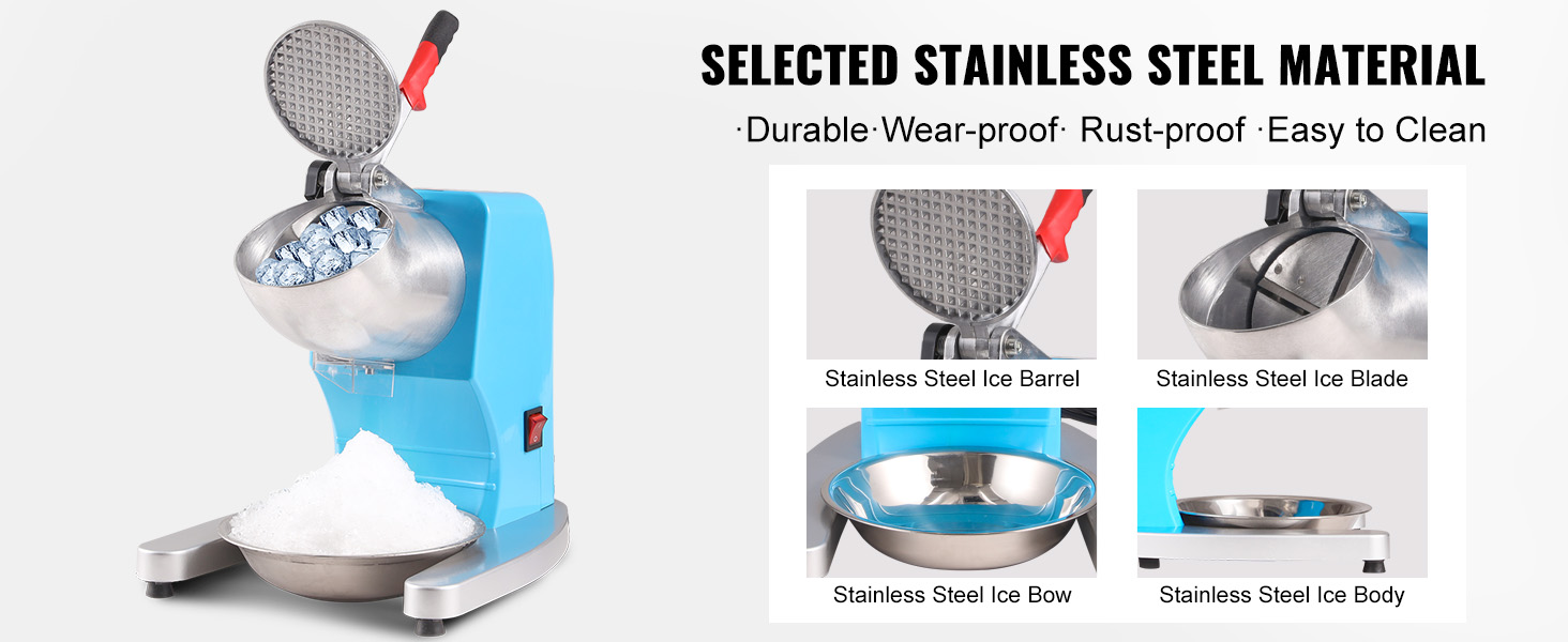VEVOR ice crusher machine with stainless steel body, ice barrel, blade, and bowl, durable and easy to clean.