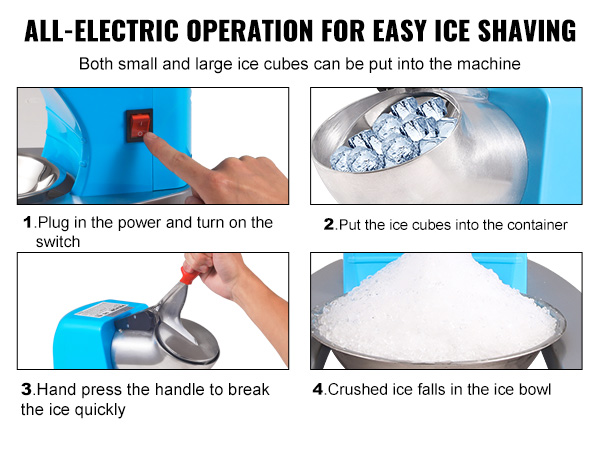 VEVOR ice crusher machine operation steps: power switch, ice cubes, handle press, ice bowl with crushed ice.