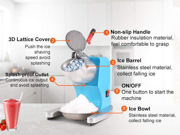 VEVOR ice crusher machine in kitchen with ice barrel, splash-proof outlet, non-slip handle, and ice bowl.