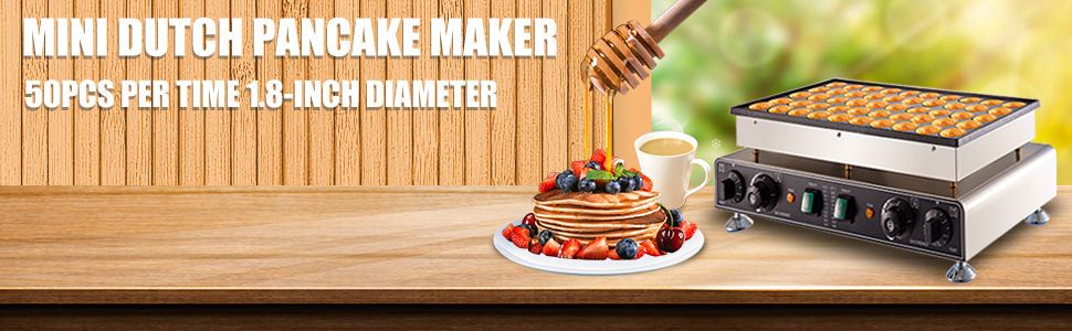 VEVOR mini dutch pancake maker with a stack of pancakes, coffee, and honey.