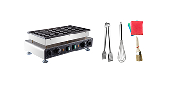 VEVOR mini dutch pancake maker with spatulas, whisk, brush, and cleaning cloths.
