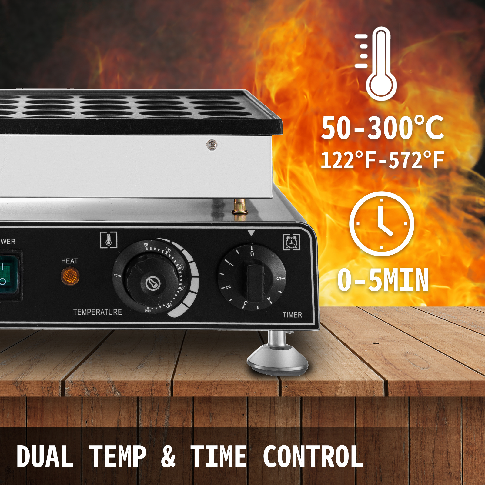 VEVOR mini dutch pancake maker with dual temperature and time control.