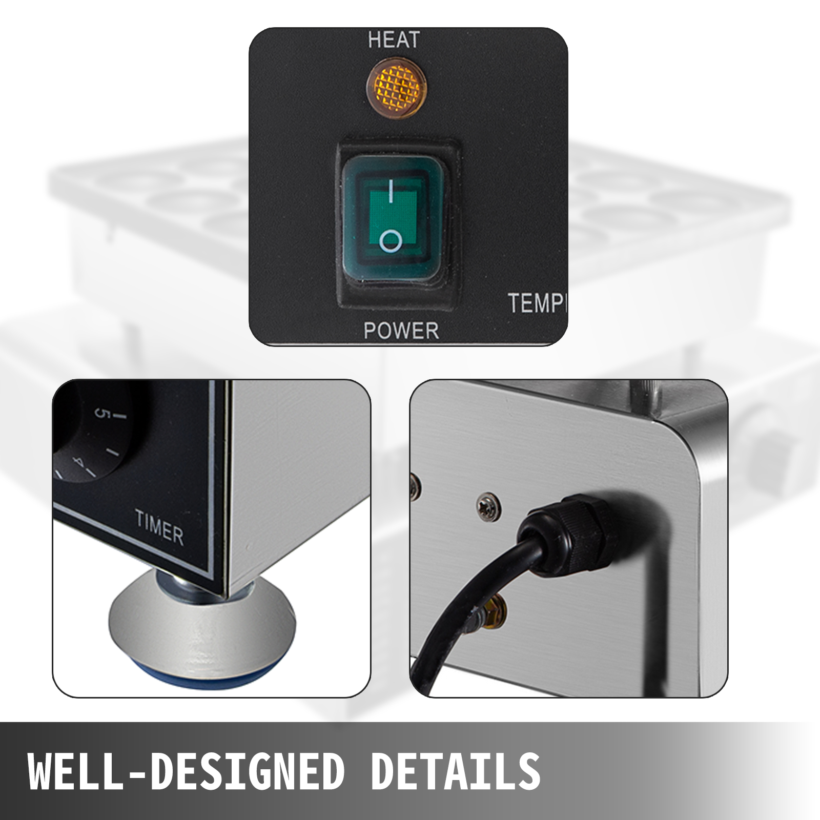 VEVOR mini dutch pancake maker controls, timer, power switch, and sturdy base.