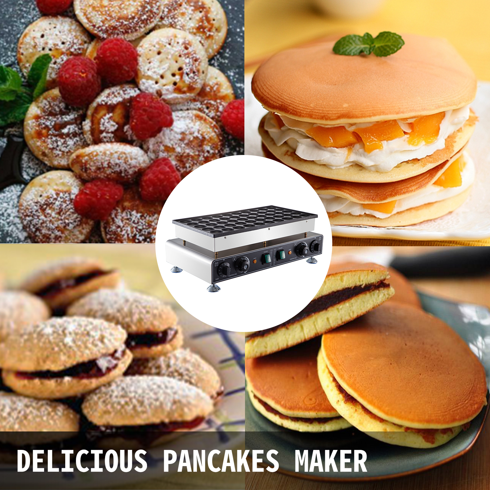 VEVOR mini dutch pancake maker showcasing various delicious pancakes.