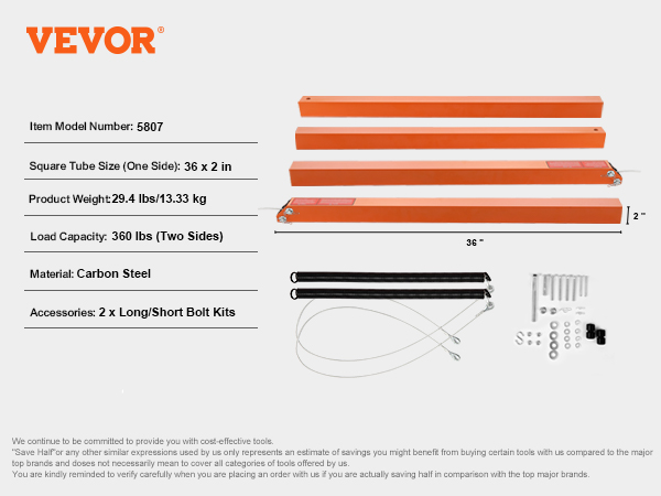VEVOR model 5807, 36x2 inch carbon steel tubes and accessories, 360 lbs capacity.