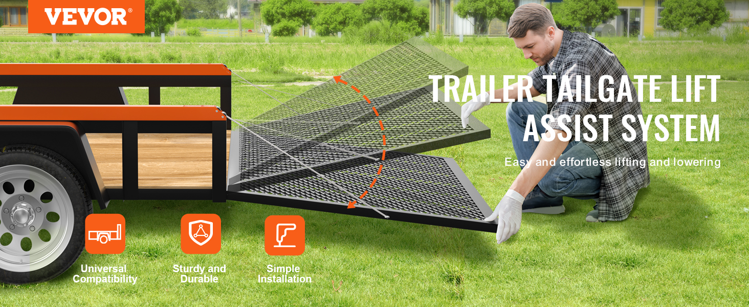 VEVOR trailer tailgate assist system shown with easy and effortless lifting and lowering features.
