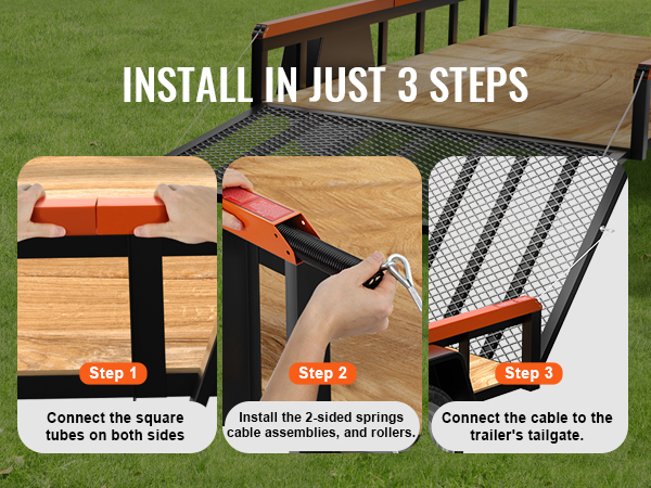 steps to install VEVOR trailer tailgate assist: connect square tubes, install springs, attach cable.