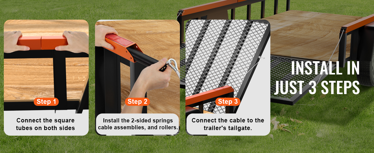 steps to install VEVOR trailer tailgate assist: connect square tubes, install springs, attach cable.