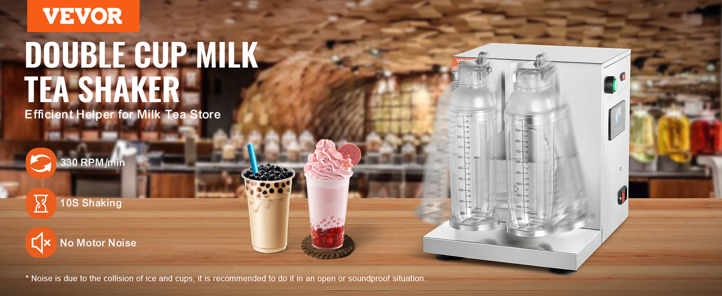 VEVOR milkshake maker with double cups, 330 rpm/min, 10s shaking, and no motor noise.