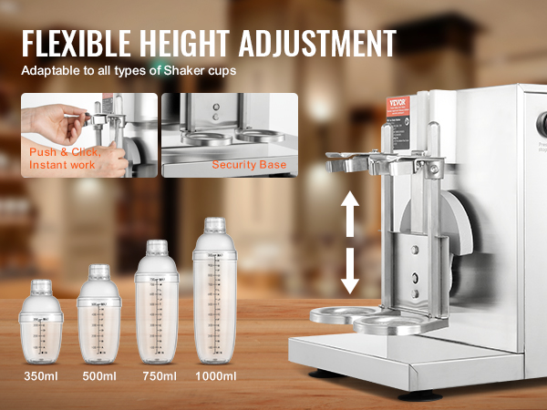 VEVOR milkshake maker with adjustable height for various shaker cup sizes, and push & click feature.