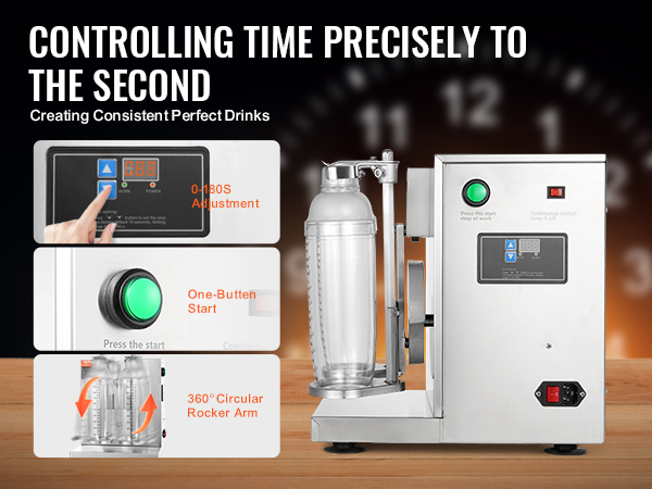 VEVOR milkshake maker with 0-180s adjustment, one-button start, and 360° circular rocker arm.