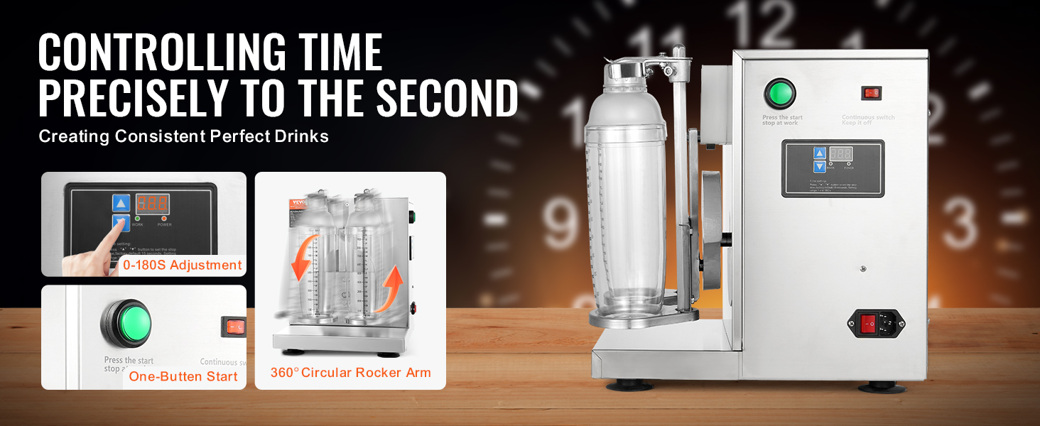 VEVOR milkshake maker with 0-180s adjustment, one-button start, and 360° circular rocker arm.
