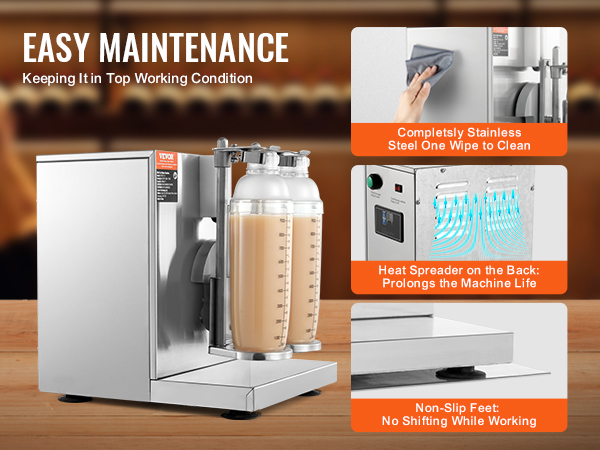 VEVOR milkshake maker with stainless steel body, dual mixing containers, and easy maintenance features.