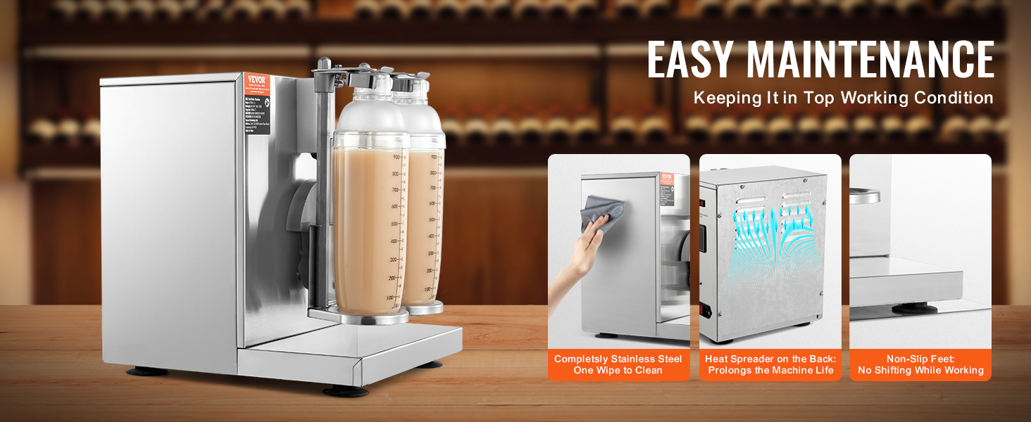 VEVOR milkshake maker with stainless steel body, dual mixing containers, and easy maintenance features.