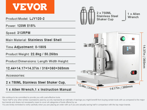 VEVOR milkshake maker, stainless steel shell, speed: 313rpm, power: 120w, includes 2 shaker cups.