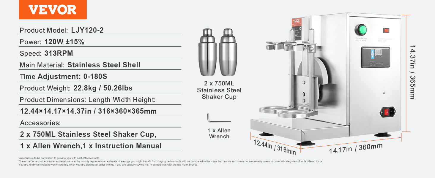 VEVOR milkshake maker, stainless steel shell, speed: 313rpm, power: 120w, includes 2 shaker cups.