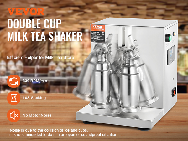 VEVOR double cup milk tea shaker with 330 rpm, 10s shaking, and no motor noise.