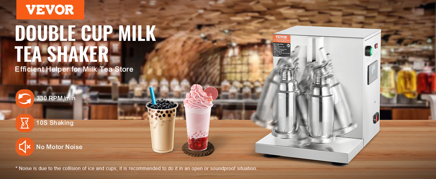 VEVOR double cup milk tea shaker with 330 rpm, 10s shaking, and no motor noise.