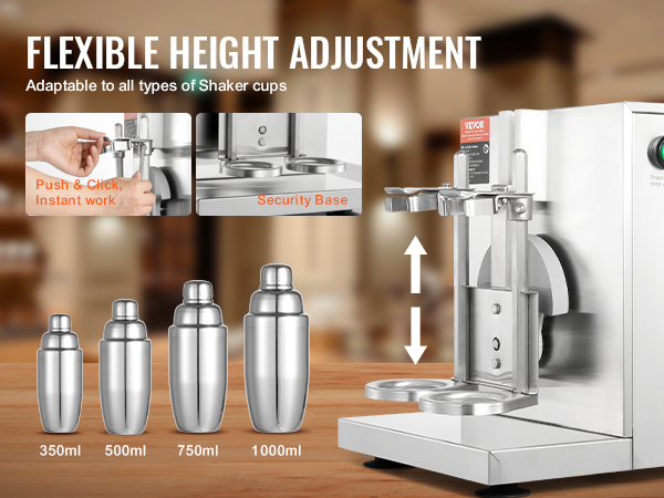 VEVOR milkshake maker with flexible height adjustment, showing different sizes of shaker cups.