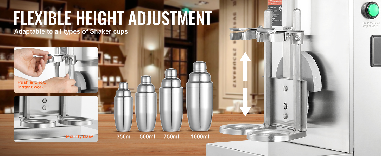VEVOR milkshake maker with flexible height adjustment, showing different sizes of shaker cups.